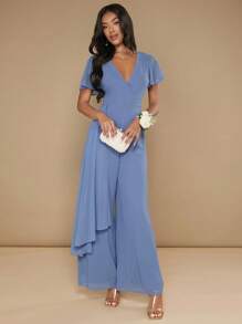 SHEIN Belle 素色荷葉邊闊腿覆蓋連身褲 - 霧霾藍 - 查看 4