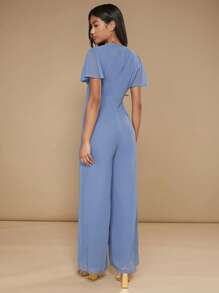 SHEIN Belle 素色荷葉邊闊腿覆蓋連身褲 - 霧霾藍 - 查看 3