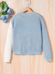SHEIN Girls' Heart Patterned Drop Shoulder Sweater With Color Block - Blue and White - View 2