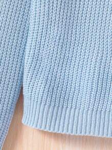 SHEIN Girls' Heart Patterned Drop Shoulder Sweater With Color Block - Blue and White - View 3