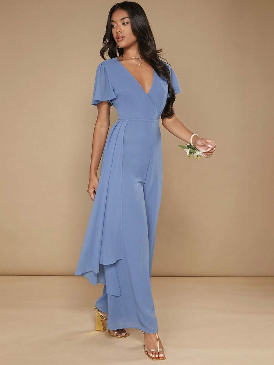 SHEIN Belle 素色荷葉邊闊腿覆蓋連身褲 - 霧霾藍 - 查看 1