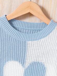 SHEIN Girls' Heart Patterned Drop Shoulder Sweater With Color Block - Blue and White - View 5