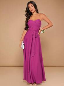 SHEIN Belle Ruched Belted Tube Dress With Transparent Straps - Hot Pink - View 6