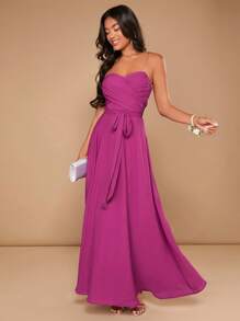 SHEIN Belle Ruched Belted Tube Dress With Transparent Straps - Hot Pink - View 2