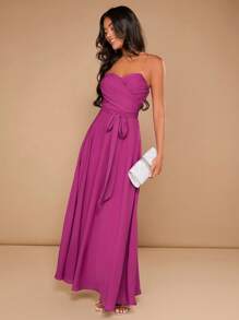 SHEIN Belle Ruched Belted Tube Dress With Transparent Straps - Hot Pink - View 5