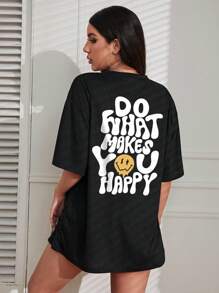 INAWLY Cartoon & Slogan Graphic Tee DO WHAT MAKES YOU HAPPY - Black - View 4