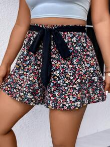 SHEIN Unity Plus Ditsy Floral Print Belted Shorts - Multicolor - View 1