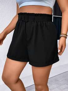 SHEIN Unity Plus Paperbag Waist Roll Up Hem Belted Shorts - Black - View 4