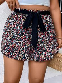 SHEIN Unity Plus Ditsy Floral Print Belted Shorts - Multicolor - View 5