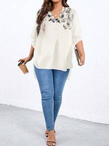 SHEIN LUNE Plus Bloemenprint Opgerolde mouwen Hoog-lage zoom Blouses