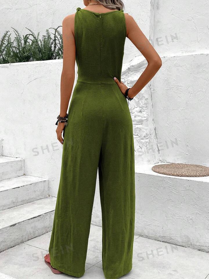 SHEIN LUNE Women Green V Neck Knotted Spaghetti Strap Jumpsuit SHEIN