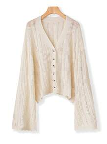 SHEIN LUNE Plus Pointelle Knit Drop Shoulder Cardigan - Beige - View 1