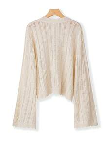 SHEIN LUNE Plus Pointelle Knit Drop Shoulder Cardigan - Beige - View 2