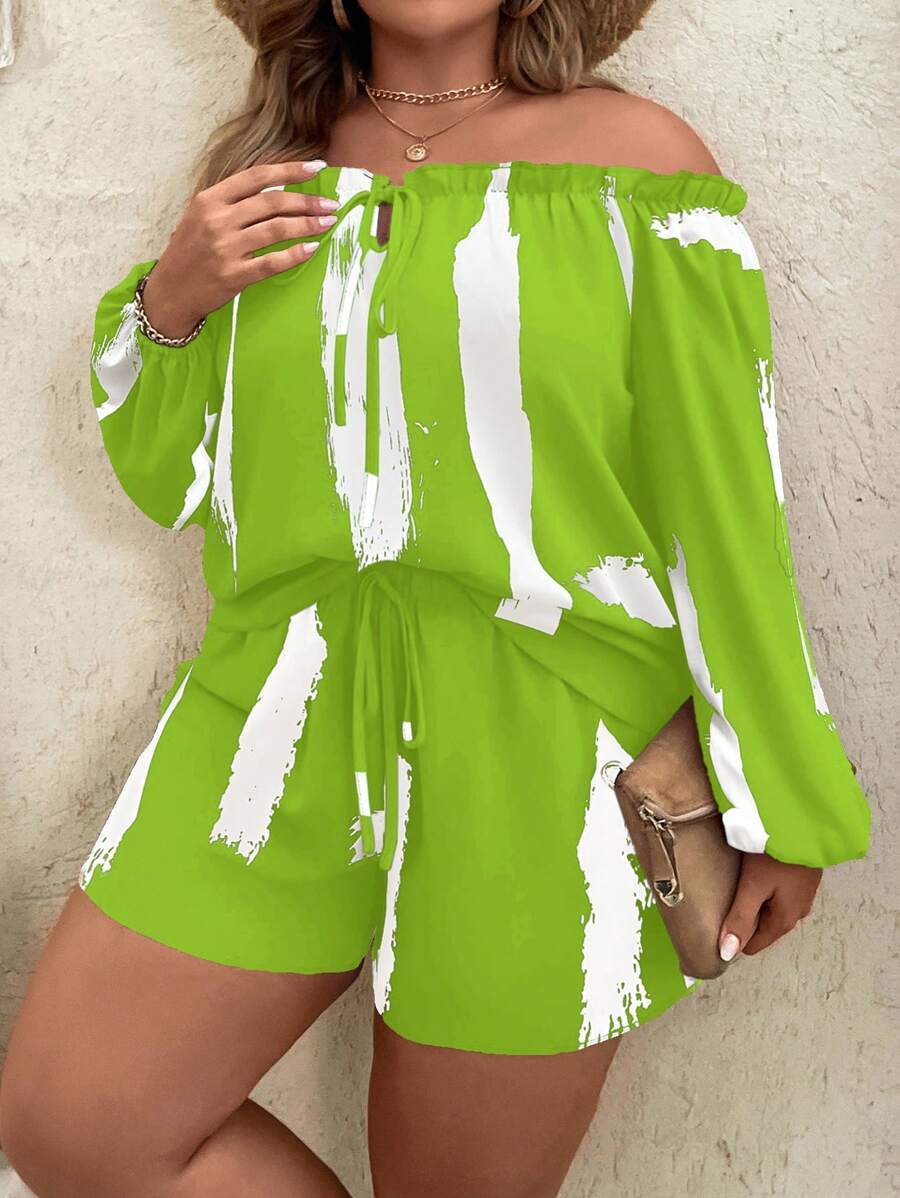 SHEIN Holidaya Plus Brush Print Off Shoulder Lantern Sleeve Top & Shorts - Olive Green - View 1