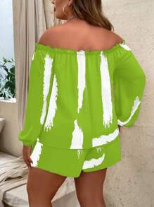 SHEIN Holidaya Plus Brush Print Off Shoulder Lantern Sleeve Top & Shorts - Olive Green - View 2