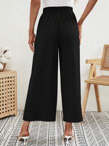 SHEIN LUNE Pantalones de pierna ancha unicolor con cordón delantero - Negro - Ver 2