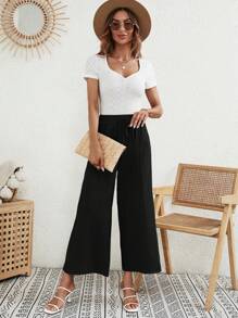 SHEIN LUNE Pantalones de pierna ancha unicolor con cordón delantero - Negro - Ver 3