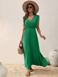SHEIN Clasi Solid Pleated Hem Dress - Green - View 1