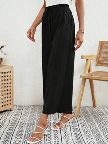 SHEIN LUNE Pantalones de pierna ancha unicolor con cordón delantero - Negro - Ver 4