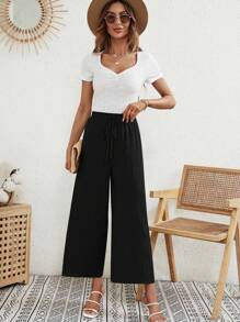 SHEIN LUNE Pantalones de pierna ancha unicolor con cordón delantero - Negro - Ver 5