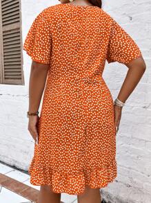 SHEIN Holidaya Hơn In hoa Ditsy áo tay bướm Viền Ruffle Bọc Nút ven Đầm - màu nâu - Xem 2