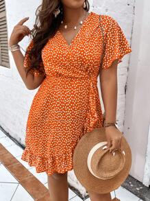 SHEIN Holidaya Hơn In hoa Ditsy áo tay bướm Viền Ruffle Bọc Nút ven Đầm - màu nâu - Xem 3