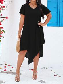 Celure 大碼素色不對稱下擺洋裝 - 黑色 - 查看 1