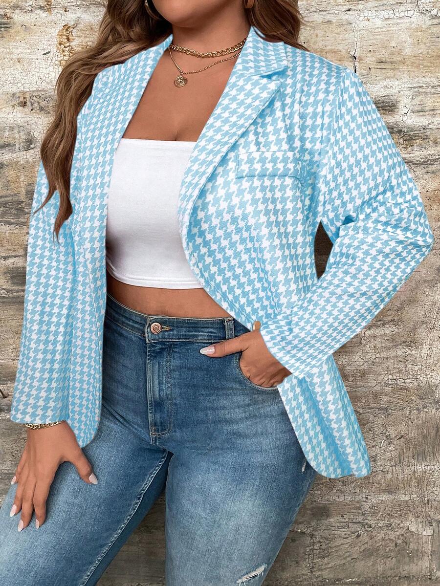SHEIN LUNE 大碼千鳥格印花開門襟西裝外套 - 藍白色 - 查看 1