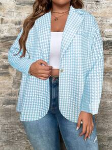 SHEIN LUNE 大碼千鳥格印花開門襟西裝外套 - 藍白色 - 查看 3