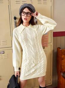 SHEIN Teen Girl Cable Knit Drop Shoulder Sweater Dress Without Belt - Beige - View 5