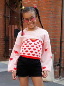 SHEIN Tween Girl Heart Pattern Cami Knit Top & Drop Shoulder Super Crop Jumper - Pink - View 1