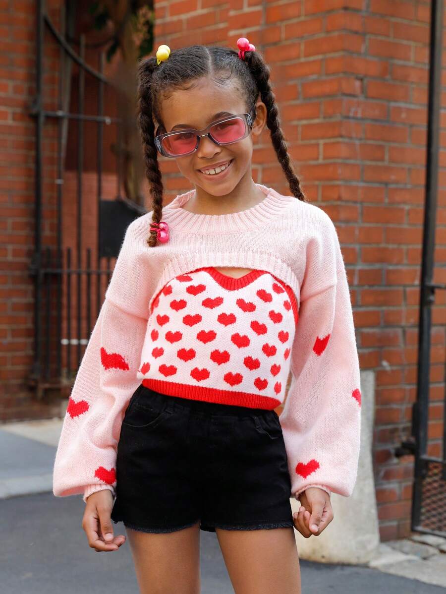 SHEIN Tween Girl Heart Pattern Cami Knit Top & Drop Shoulder Super Crop Jumper - Pink - View 1