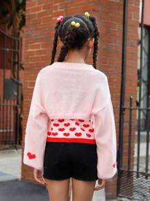 SHEIN Tween Girl Heart Pattern Cami Knit Top & Drop Shoulder Super Crop Jumper - Pink - View 2