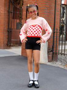 SHEIN Tween Girl Heart Pattern Cami Knit Top & Drop Shoulder Super Crop Jumper - Pink - View 3