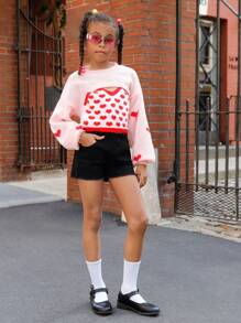 SHEIN Tween Girl Heart Pattern Cami Knit Top & Drop Shoulder Super Crop Jumper - Pink - View 4