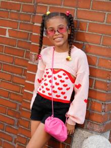 SHEIN Tween Girl Heart Pattern Cami Knit Top & Drop Shoulder Super Crop Jumper - Pink - View 5
