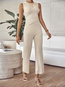 SHEIN LUNE 素色毛衣背心和針織褲 - 杏色 - 查看 3