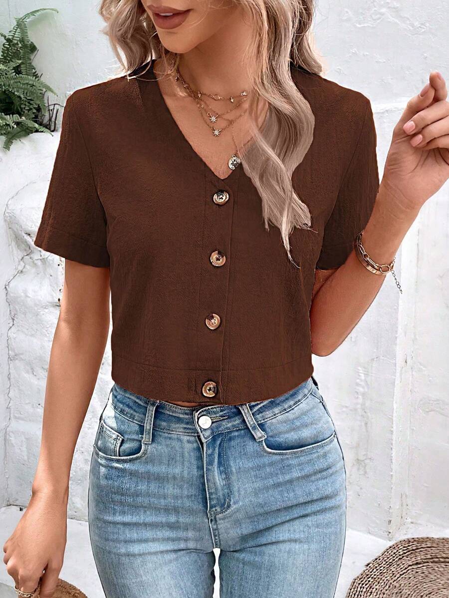 SHEIN LUNE Chất rắn Nút phía trước Cổ v Áo sơ mi - Màu nâu Sô-cô-la - Xem 1