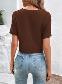 SHEIN LUNE Chất rắn Nút phía trước Cổ v Áo sơ mi - Màu nâu Sô-cô-la - Xem 2