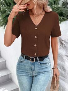 SHEIN LUNE Chất rắn Nút phía trước Cổ v Áo sơ mi - Màu nâu Sô-cô-la - Xem 5
