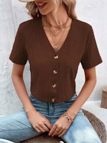 SHEIN LUNE Chất rắn Nút phía trước Cổ v Áo sơ mi - Màu nâu Sô-cô-la - Xem 6