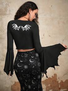 ROMWE Goth Wings Print Bell Sleeve Tee - Black - View 1