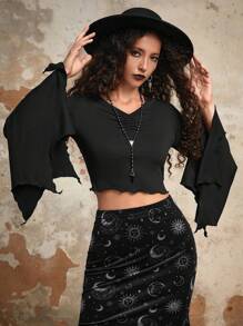ROMWE Goth Wings Print Bell Sleeve Tee - Black - View 4