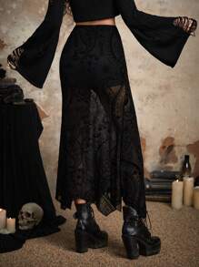 ROMWE Goth 印花高衩半身裙 - 黑色 - 查看 2