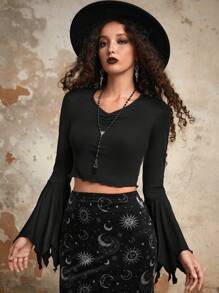 ROMWE Goth Wings Print Bell Sleeve Tee - Black - View 6
