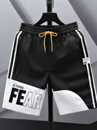 男士字母圖案織帶拼接腰部抽繩短褲