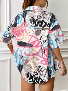 SHEIN EZwear 1pc Graffiti Print Drop Shoulder Shirt - Multicolor - View 2