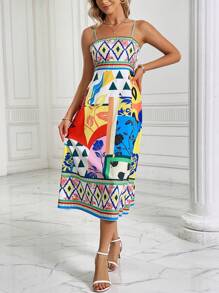 SHEIN LUNE 幾何印花吊帶連衣裙 - 寶藍色 - 查看 4