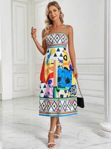 SHEIN LUNE 幾何印花吊帶連衣裙 - 寶藍色 - 查看 5