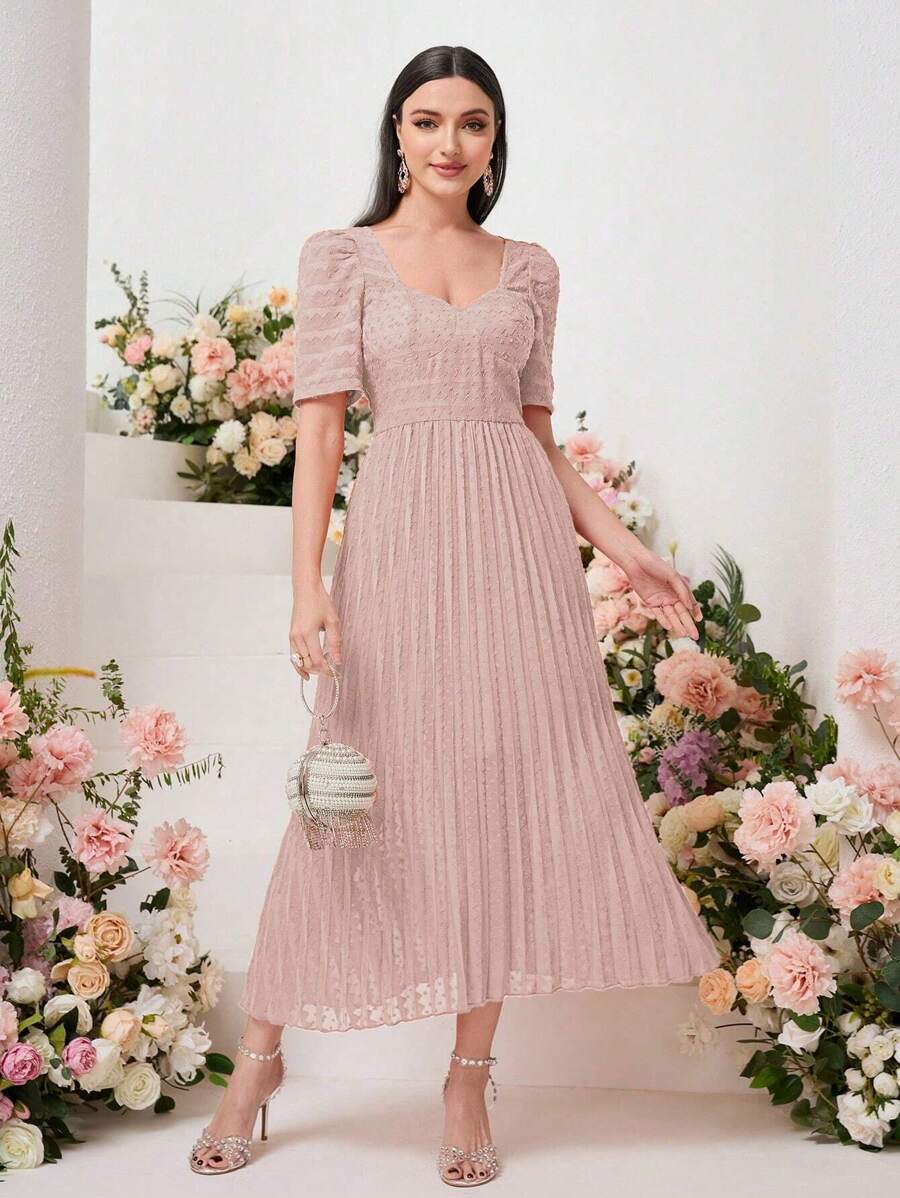 Modelyn 雞心領口泡泡袖百褶下擺連衣裙 - 藕粉色 - 查看 1